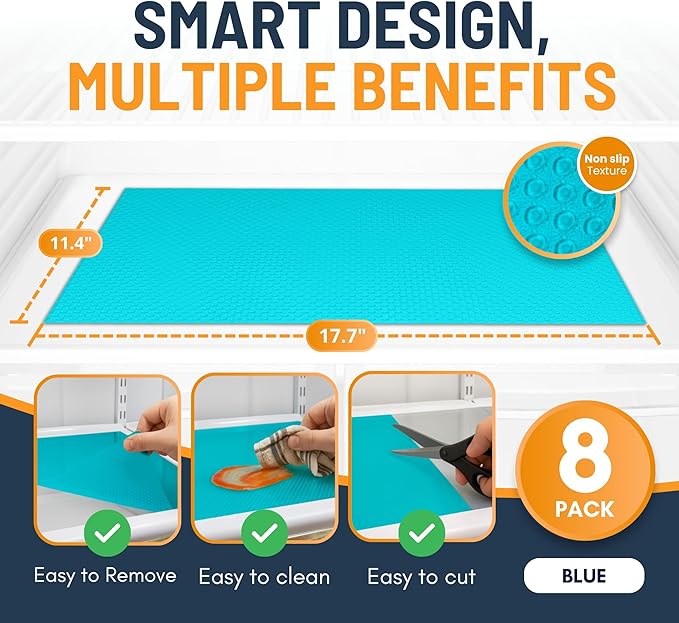 Refrigerator Liners for Shelves (8 Pack) by Linda’s Essentials - Non-Adhesive Shelf or Drawer Liner, BPA-Free Fridge Mats for Kitchen & Cabinets, Easy to Clean, Ideal Household Essentials (Blue)