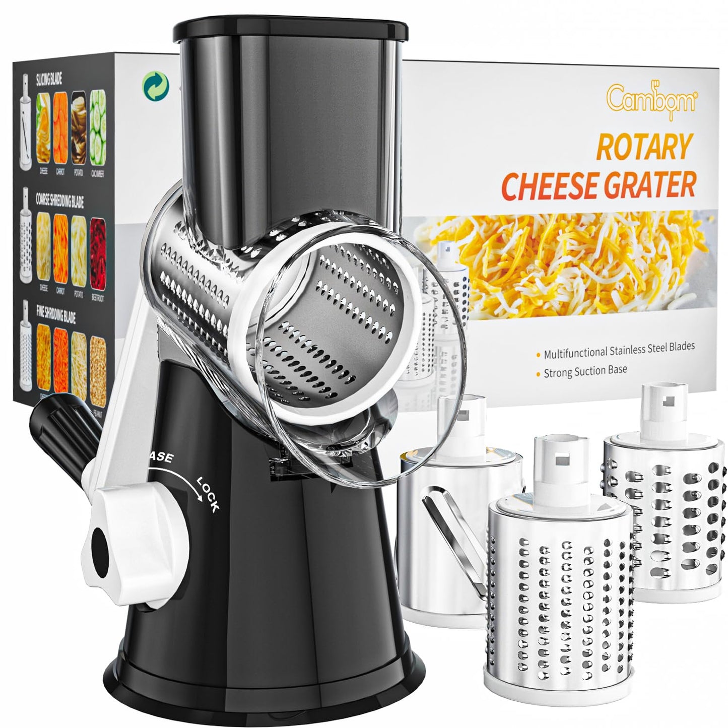Cambom Rotary Cheese Grater Hand Crank Cheese Shredder for Fresh Cheese, Vegetable, Nuts,Non-slip Suction Base，Three Blades,Blue