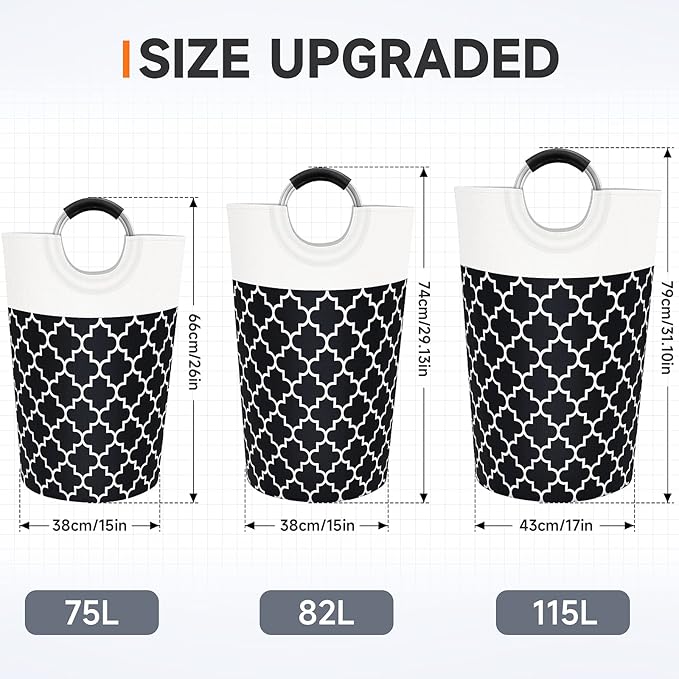 Large Laundry Basket Laundry Hamper Bag Washing Bin Clothes Bag Collapsible Tall with Handles Waterproof Travel Bathroom College Essentials Storage for College Dorm, Family (Black) 115L