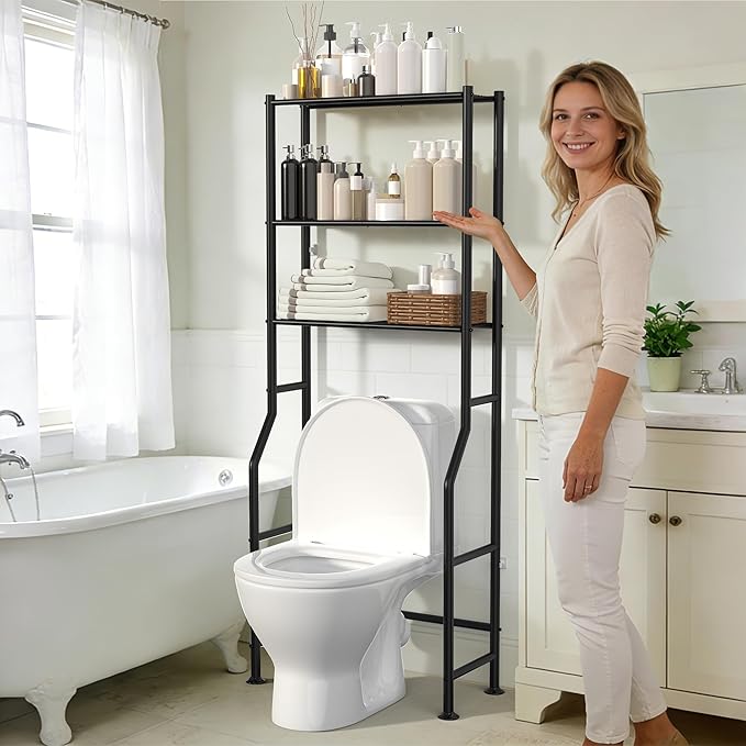 3-Tier Over The Toilet Storage, Freestanding Metal Bathroom Shelves, Space Saver Above The Over Toilet Storage Shelf for Bathroom (Black)