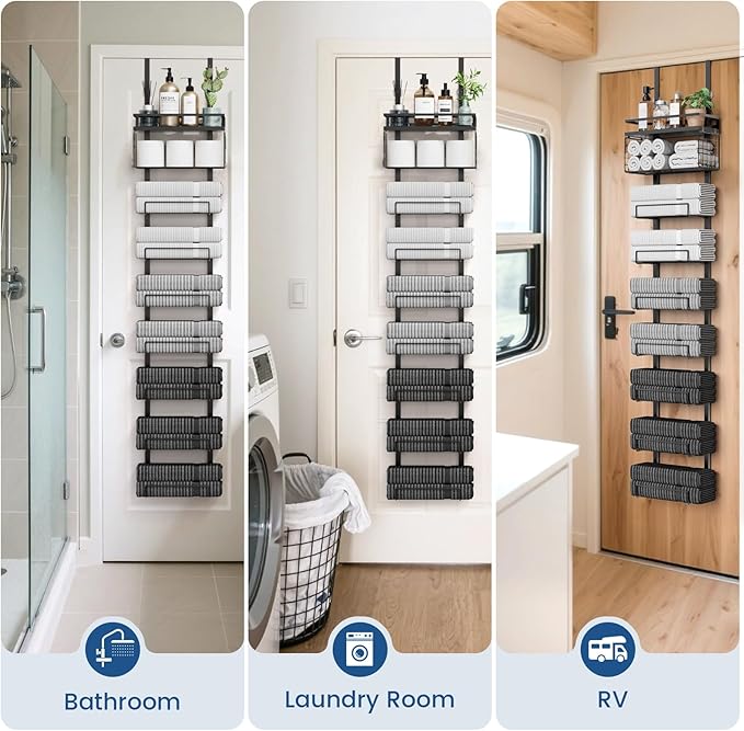 Towel Racks for Bathroom Over The Door Towel Racks Towel Storage Organizer with Metal Shelf Basket for Bathroom Rv Camper (9-Tier Black)