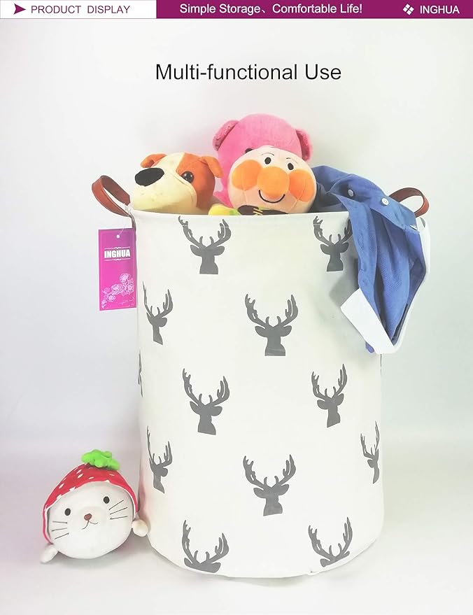 Laundry Hamper Large Canvas Fabric Lightweight Storage Basket/Toy Organizer/Dirty Clothes Collapsible Waterproof for College Dorms, Boys and Girls Bedroom,Bathroom(grey deer)