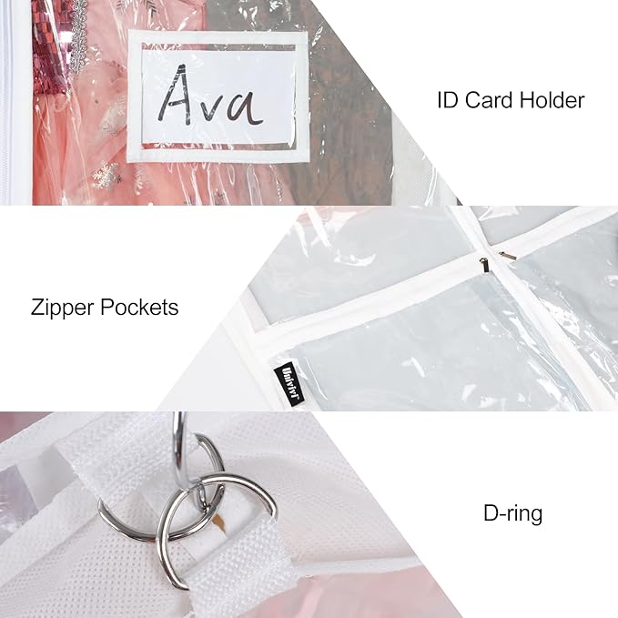 Univivi Clear PVC Dance Costume Bags (12 Pack) Garment Bag 40 Inch for Dance Competitions, with 4 Medium Clear Zipper Pockets and 1 Large Back Zippered Pocket (40'' x 24'' 12 Pack)