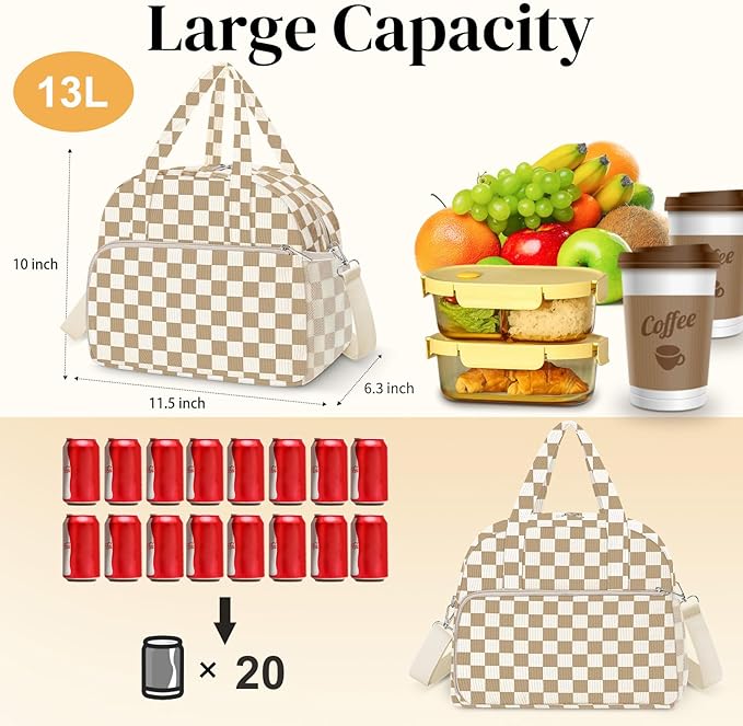 Coobiiya 12L Insulated Lunch Bag for Women & Men, Reusable Corduroy Lunch Tote, Large-Capacity Lunch Box with Leak-Resistant Liner