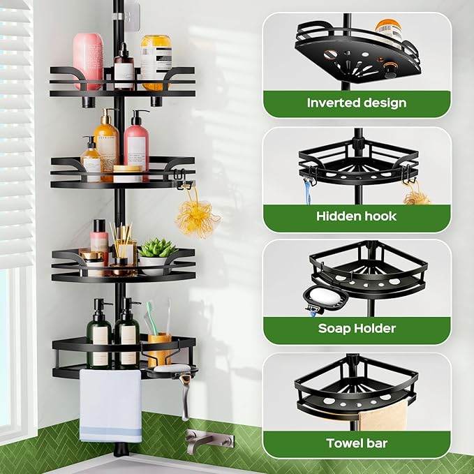 HAMITOR Shower Caddy Tension Pole: Rustproof Bathroom Corner Shelf for Renters, 47-121inches Adjustable Organizer with Soap Holder-Large Capacity Rack for Shampoo Storage Home Accessory - Black