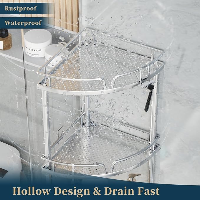 Consumest Corner Shower Caddy Stand - 3 Tier Shower Organizer with Soap Holder, Tall Floor Corner Shelf Standing with Adjustable Feet & 4 Hooks, Storage Rack for Bathroom, Silver