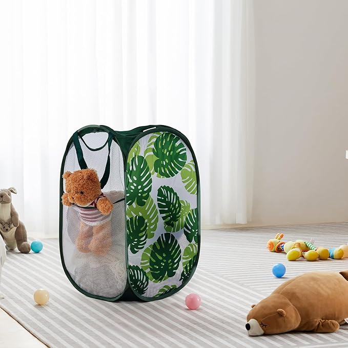 TECHMILLY Collapsible Mesh Pop Up Laundry Hamper with Sturdy Handles and Side Pocket - Portable Foldable Clothes Baskets for Dorm, Bathroom & Travel Storage (Green Leaf)