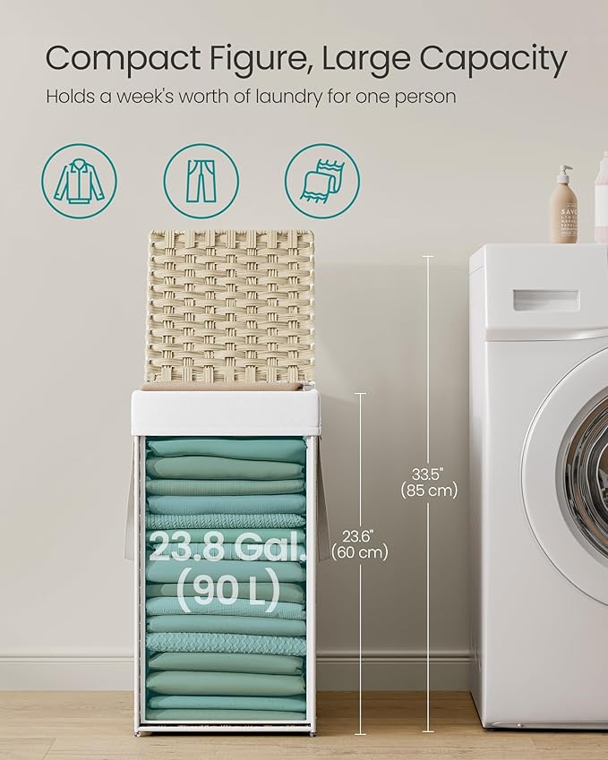 SONGMICS Laundry Hamper with Lid, 17.2 Gallon (65L) Synthetic Rattan Clothes Laundry Basket with Lid and Handles, Foldable, Removable Liner, Summer Sand ULCB165LZ01