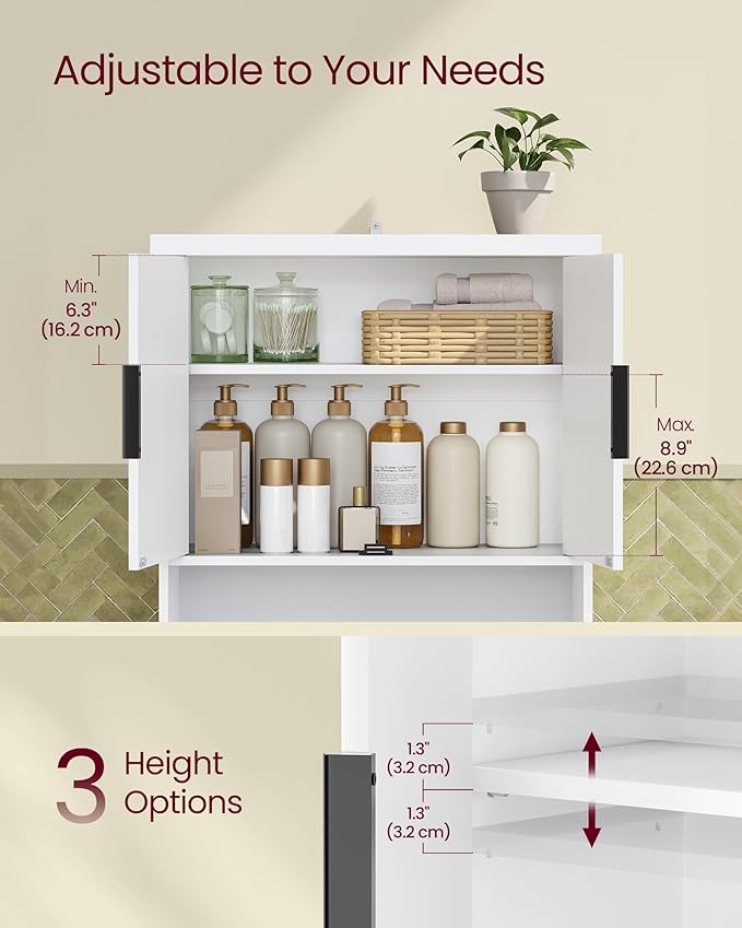 VASAGLE MAXE Collection - Over The Toilet Storage Cabinet, 23.6-Inch Wide Mid Century Modern Bathroom Organizer with Fluted Doors, Adjustable Shelf, Space-Saving, Cloud White UBTS028WB01S