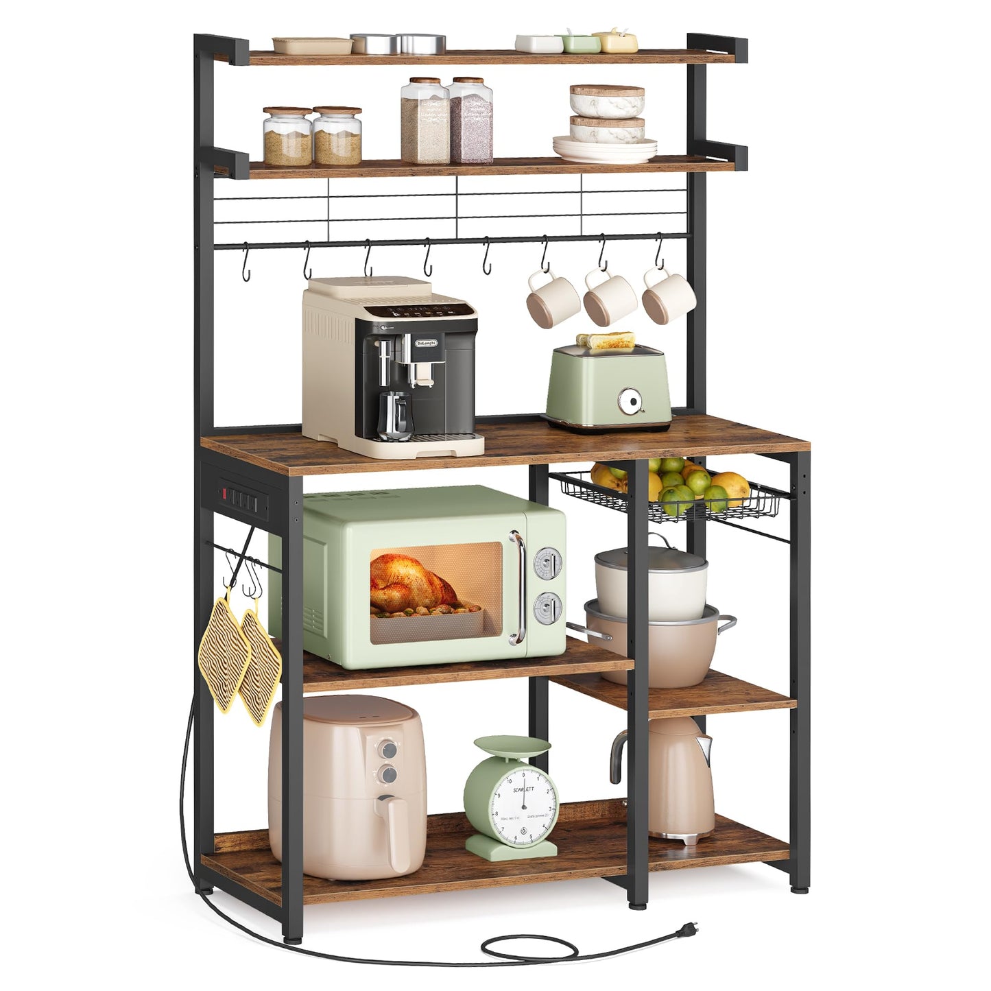 VASAGLE Baker's Rack, 35.4 Inches Microwave Stand with Wire Basket, 8 Hooks