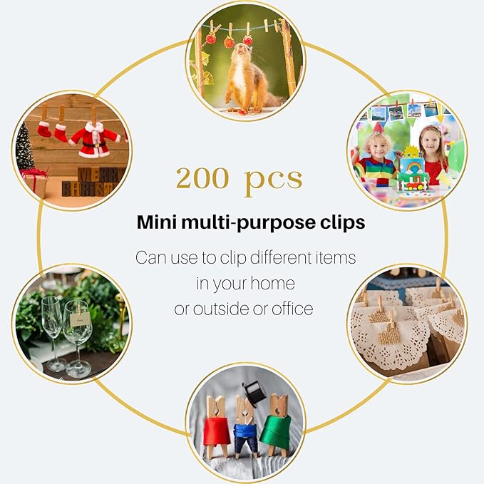 Mini Clothes Pins for Photo, Small Clothespins 200 pcs 1" Natural Wooden Clothespins with Jute Twine, Mini Photo Clips,Small Clothes Pins for Photos, Crafts, Arts, Cocktails