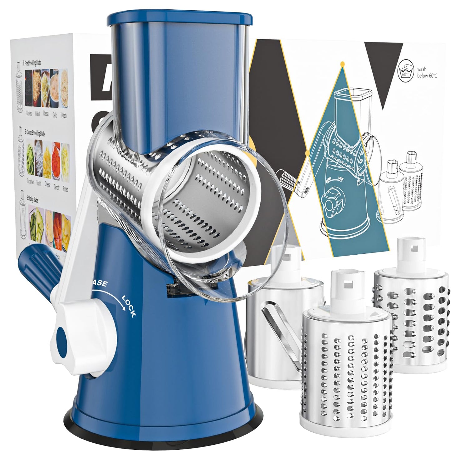 Cambom Rotary Cheese Grater Hand Crank Cheese Shredder for Fresh Cheese, Vegetable, Nuts,Non-slip Suction Base，Three Blades,Blue