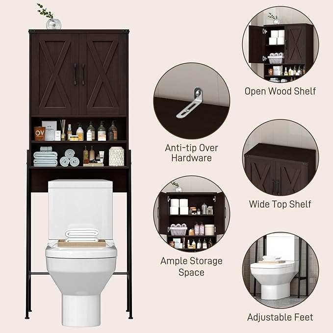 Vabches Over The Toilet Storage Cabinet, Farmhouse Over Toilet Storage Cabinet, Metal Frame with Barn Doors, Home Space-Saving Toilet Rack for Bathroom, Toilet, Laundry Room