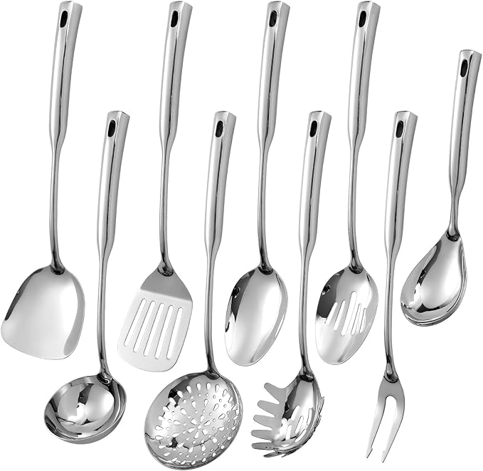Izurok Kitchen Utensil Set, 9-Piece Cooking Utensil Set,Include 304 Stainless Steel Spatula Skimmer, Soup Ladle, Spaghetti Server,Slotted & Solid Spoon, Slotted Spatula Turner, Meat Fork(Silver）