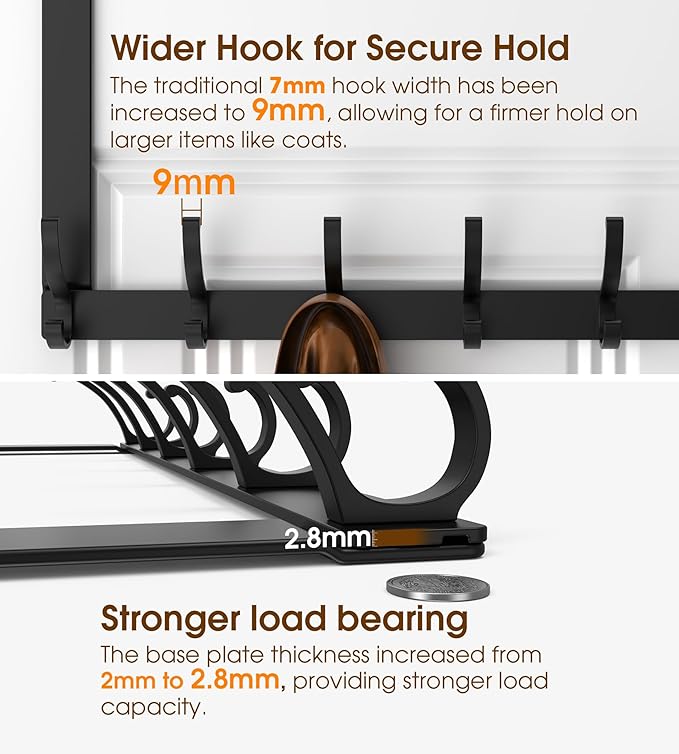 Long Over The Door Hooks Hanger with 15.75" Arms for Easier Access by Shorter, Heavy Duty Door Hanger for Coat, F16U, Fits Standard 1 3/8'' Doors, Towel Racks for Bathroom, Black