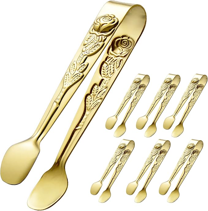 HINMAY 6PCS Mini Serving Tongs 5" Small Rose Appetizer Tongs (Gold)