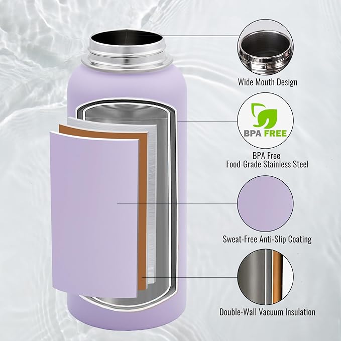 32 oz Insulated Water Bottle with Handle, 304 Stainless Steel Water Bottles with Wide Mouth, Double Wall Vacuum Sports Water Bottle, BPA Free, Keep Cold and Hot, Purple