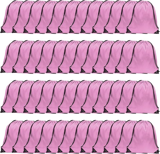 GoodtoU Drawstring Backpacks, Bags Bulk Nylon Backpack Draw String Back Bag Cinch Sack Gym Bag for Sport, Traveling, Team (Pink, 48Pcs)