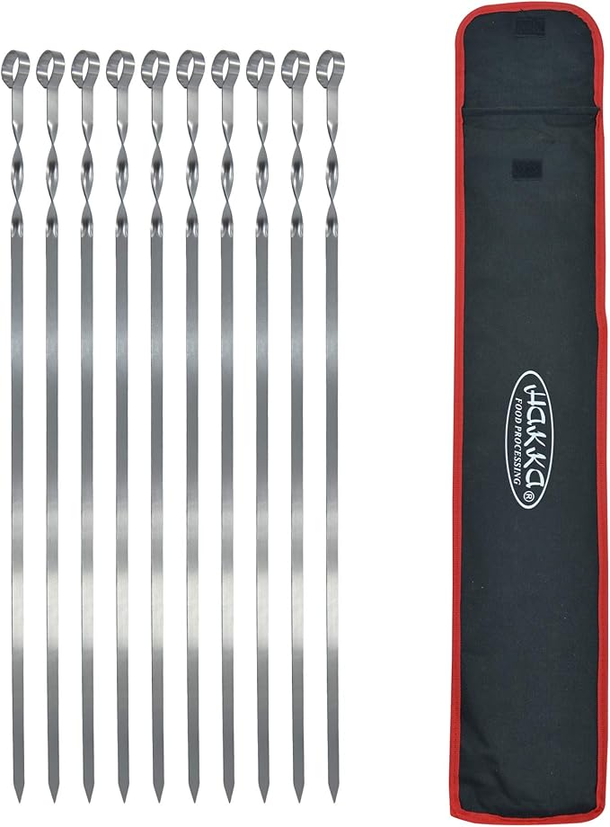 Hakka Stainless Steel Barbecue Skewers, 23.6" Shish Kabob Skewers Heavy Duty 1.5mm Metal Skewers for Grilling Large Wide 9.87mm Reusable Kabob Sticks with NonSlip Ring Handle,Set of 10