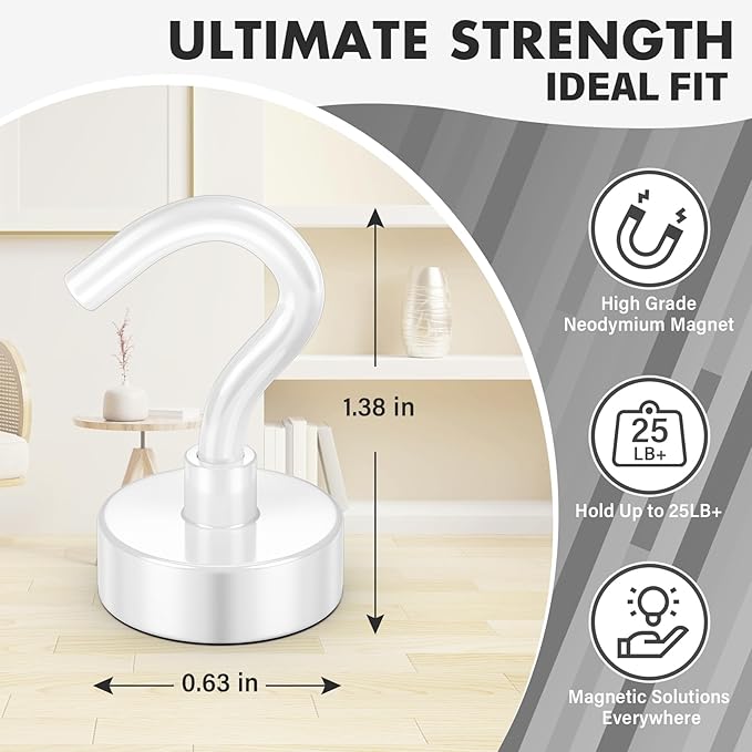 Magnetic Hooks, 25lbs Heavy Duty Earth Magnets with Hook for Refrigerator, Extra Strong Cruise Hook for Hanging Mugs, Magnetic Hanger for Cabins, Grill (White)