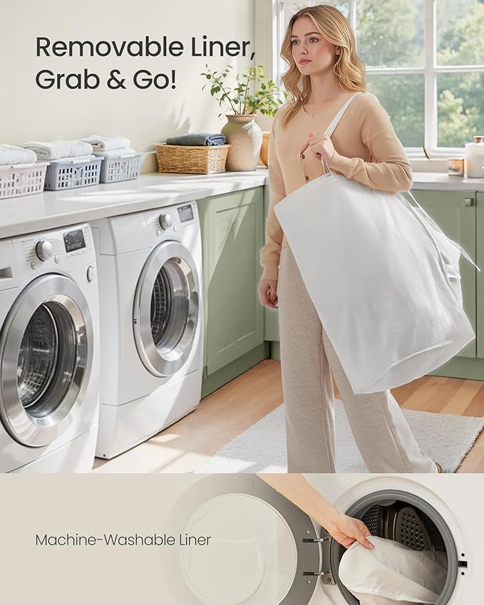 SONGMICS Laundry Hamper with Lid, 17.2 Gallon (65L) Synthetic Rattan Clothes Laundry Basket with Lid and Handles, Foldable, Removable Liner, Summer Sand ULCB165LZ01