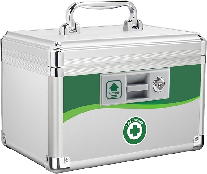 Medicine Lock Box with Keys, Medication Storage Lock Box, (Size-Small 10 * 6.9 * 6.9inch) First Aid Safe Layered Aluminum Daily Medicine Lockable Box with Key