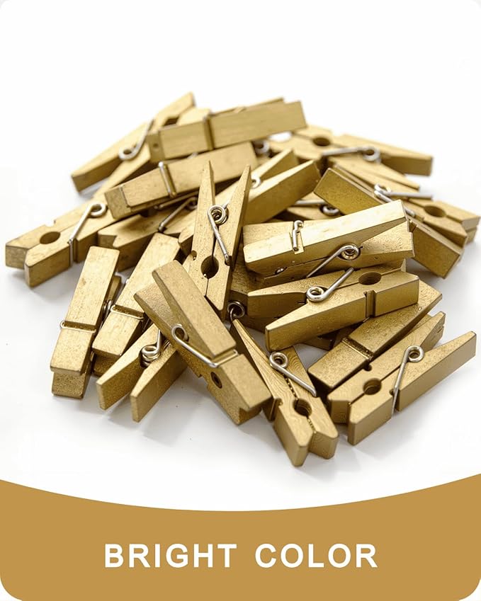 Mini Clothes Pins Wooden Colored Small Clothespins for Photo 1.4 Inch 50 PCS Gold, Tiny Clips Close Pin for Baby Shower Classroom Crafts Project Decorations Hanging Pegs