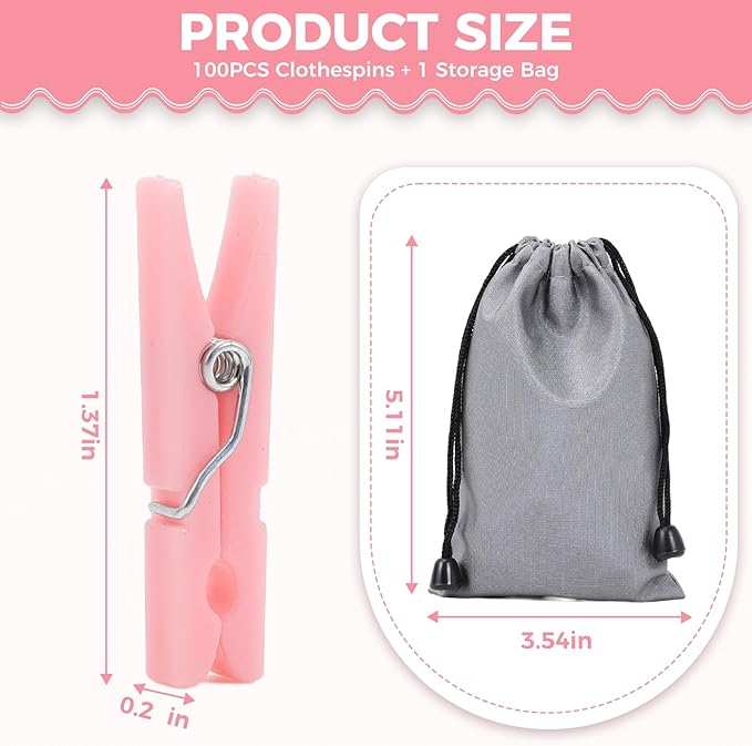 100PCS Baby Shower Clothespins Games Girl Plastic Clothes Pin with Waterproof Bag Mini Pink Pin Bulk 1.37 inch for Party Decorations, DIY Crafts