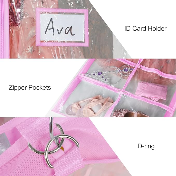 Univivi Clear Pink PVC Dance Costume Bags Garment Bag 40 Inch for Dance Competitions, with 4 Medium Clear Zipper Pockets and 1 Large Back Zippered Pocket [Upgraded Version] (40'' x 24'' 6 Pack)