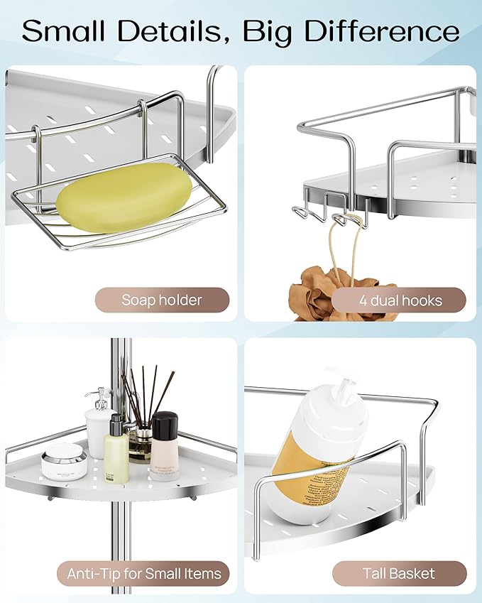 ALLZONE Corner Shower Caddy Tension Pole – Upgraded Rust-Free Stainless Steel Shower Organizer with Adjustable Storage Shelves, Drill-Free Installation, Quick Setup, Extends from 34 to 116 Inches