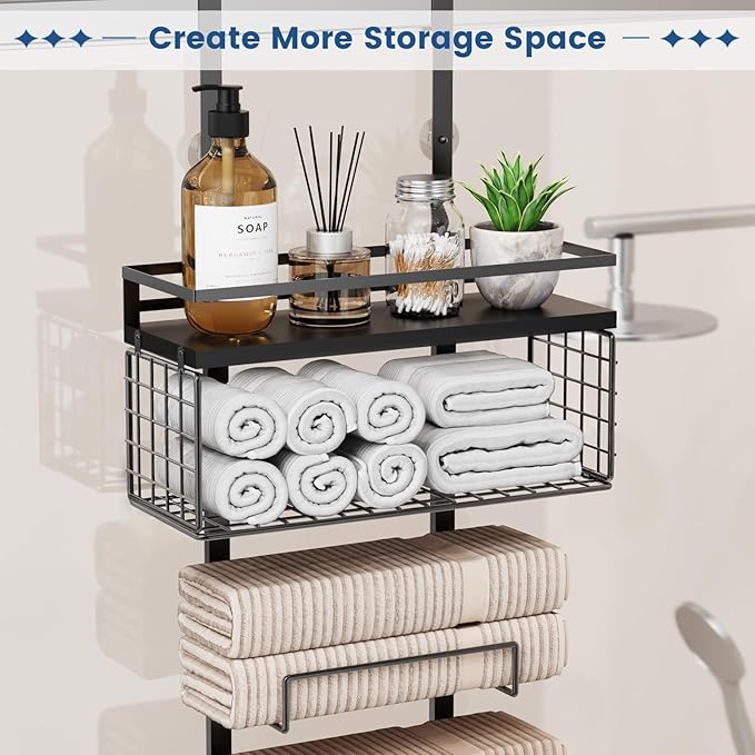 Towel Racks for Bathroom Over The Door Towel Racks Towel Storage Organizer with Metal Shelf Basket for Bathroom Rv Camper (7-Tier Black)
