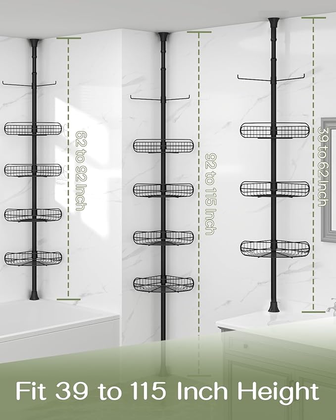 ALLZONE Corner Shower Caddy Tension Pole, 4-Tier Adjustable Shelves, Rustproof Bathroom Shower Organizer Corner for Inside Shower Storage, Tension Mounted, 39 to 115 Inch Height, Black