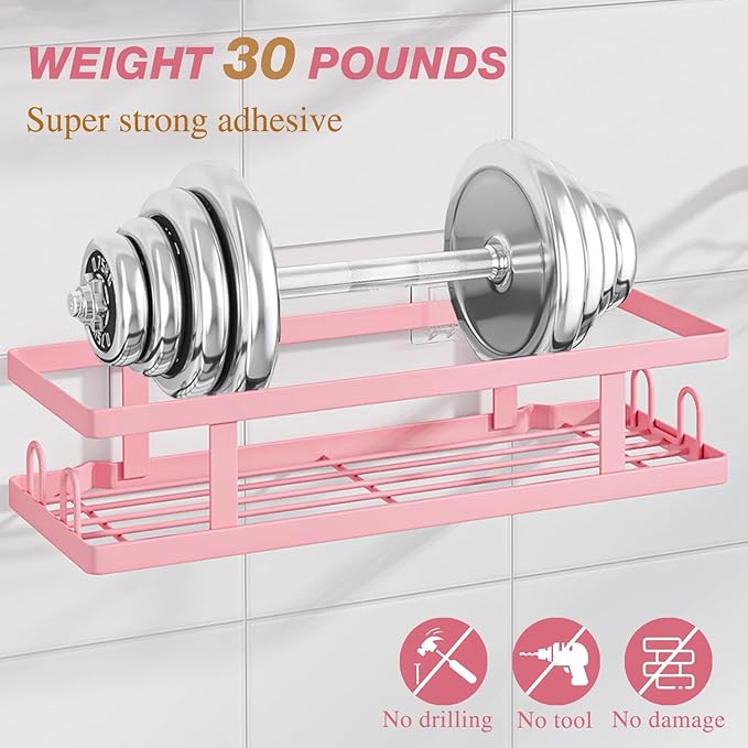 Adhesive Shower Caddy,Shower Shelves with Soap Holder and 12 Hooks,No Drilling Bathroom Organizer and Storage,Pink,3 Pack