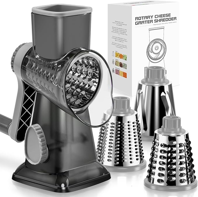 Badelite Cheese Grater Vegetable Cheese Shredder Slicer Grater for Kitchen 3 Changeable Blades for Cheese Potato Zucchini Nuts Chocolate (Grey Blue)