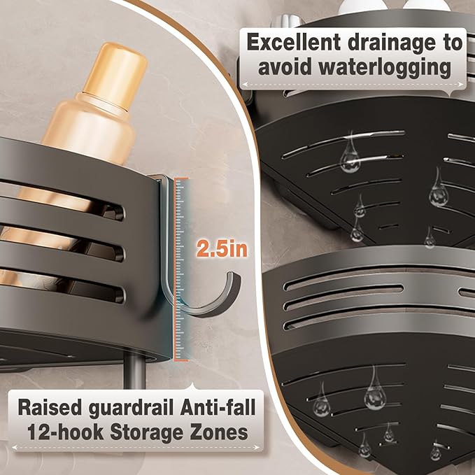 Conworld Corner Shower Caddy with Suction Cups, Shower Suction Shelf With Towel Bar, Wall Bathroom Shower Organizer Corner with Hooks, No-Drilling Removable (Aluminum, 2-Pack, Gunmetal Gray)