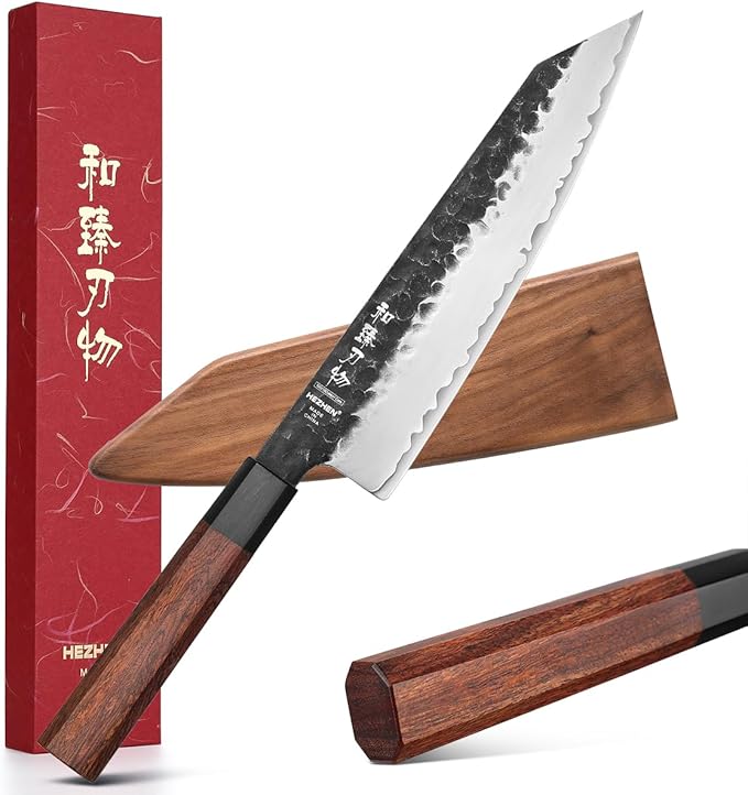 HEZHEN Santoku Knife, 7 Inches, 3 Layers Clad Steel Chef Knife,Professional Japanese Kitchen Knife for Chefs and Home Cooking,Wooden Octagonal Handle