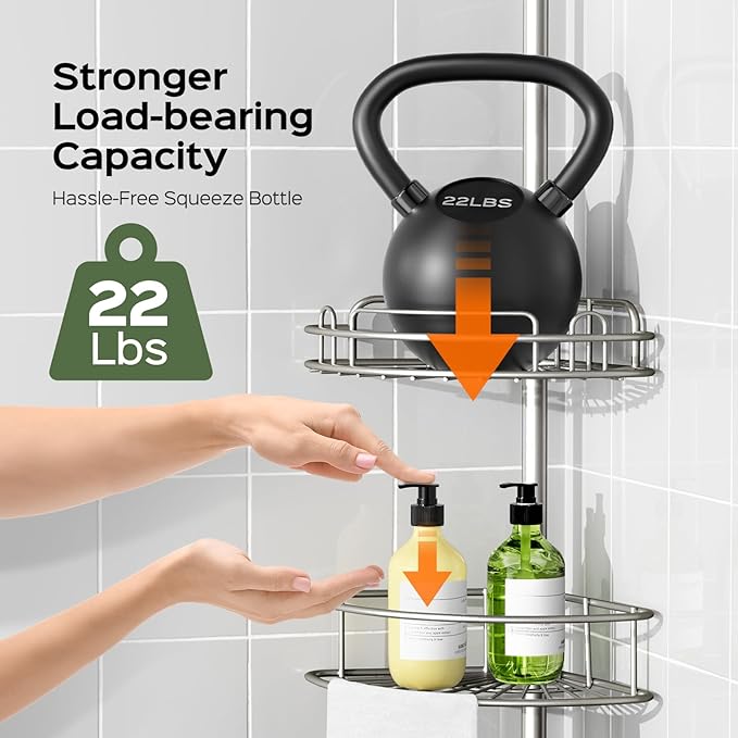 HAMITOR Shower Caddy Tension Pole: 4-Tier Rustproof Bathroom Corner Shelf Organizer for Renter - No Drill Large Shampoo Storage Rack - Adjustable 47-121" - Space Saving Bathtub Accessory - Silver Gray