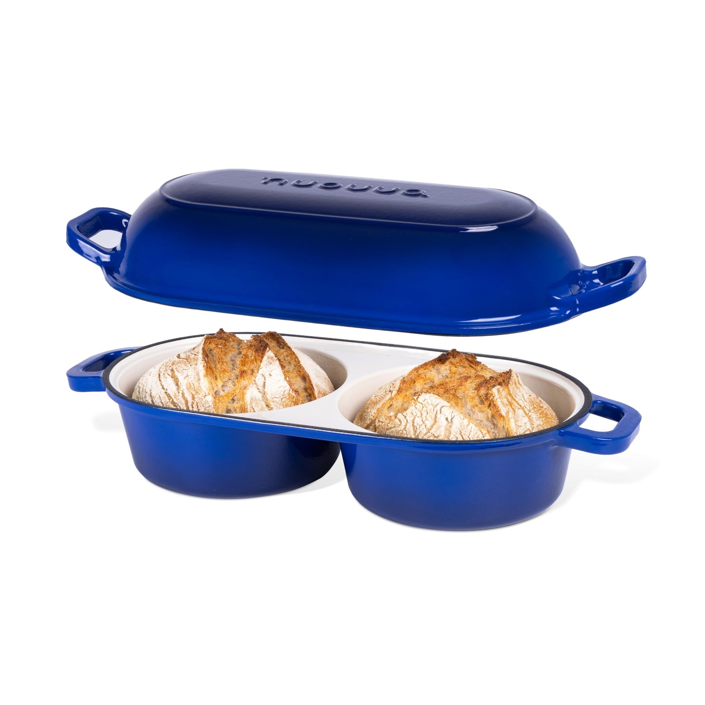 Dutch Oven For Sourdough Bread Baking – Enamelled Cast Iron Bread Loaf Pot – 500°F Oven Safe Non Stick Bread Pot – Double Round Loaf Space, 16.5cm Diameter, Light Blue, – by Nuovva