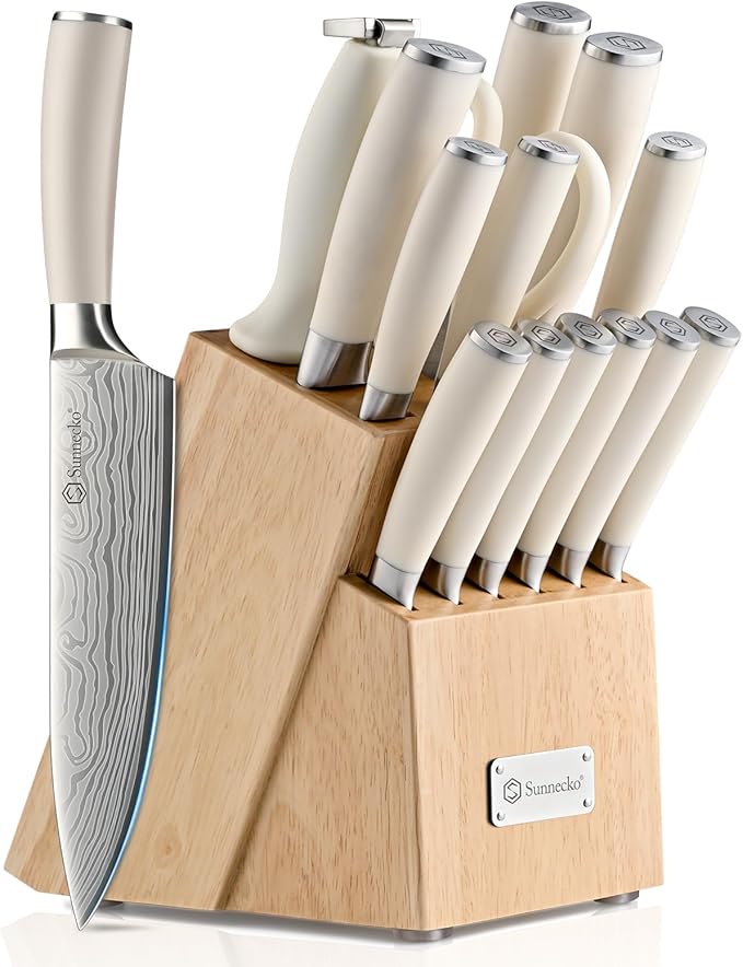 Knife Set with Block and Sharpener, 15 Piece Kitchen Knife Block Set