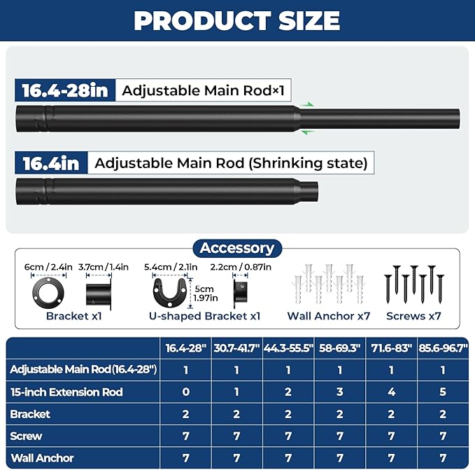 Mavivegue Closet Rod, 17 to 28 Inch Adjustable Closet Rods for Hanging Clothes, Heavy Duty Tension Rod, Black Curtain Rod, for Closet, Wardrobes, Bathroom, Laundry