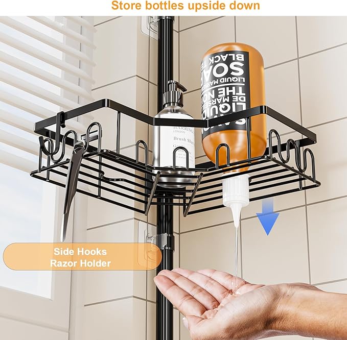 Corner Shower Caddy Tension Pole - 4-Tier Shower Corner Shelf for Bathtub Bathroom Shower Organizer - Adjustable 34in-120in, Space Saving Bathtub Accessory Shelves, Black