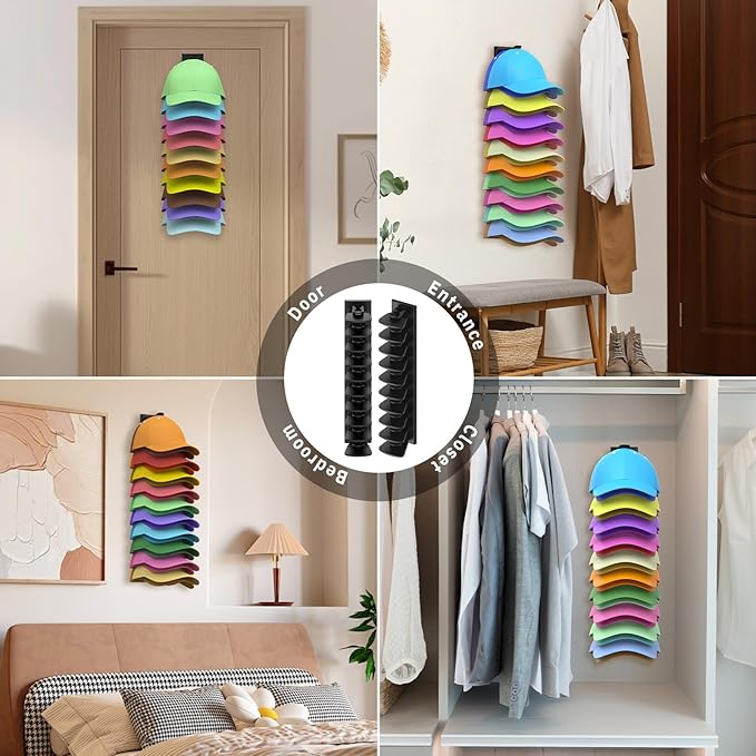 Hat Organizer for Baseball Caps, 2 Pack Hold Up to 40 Hats, Hat Rack for Wall Space Saving, Hat Hanger w/Strong Adhesive Hat Storage Holder Display for Closet Door and Wall (Black)
