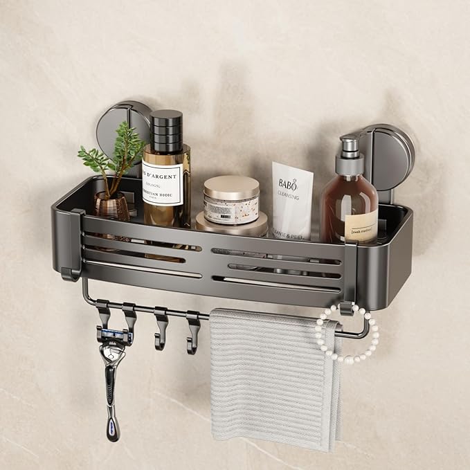 VOLPONE Shower Caddy Suction Cup No Drilling Suction Cup Shower Shelf Heavy Duty Bathroom Shower Organizer Storage Rack Adhesive with Towel Bar Hooks (1-Pack, Matte Gray)