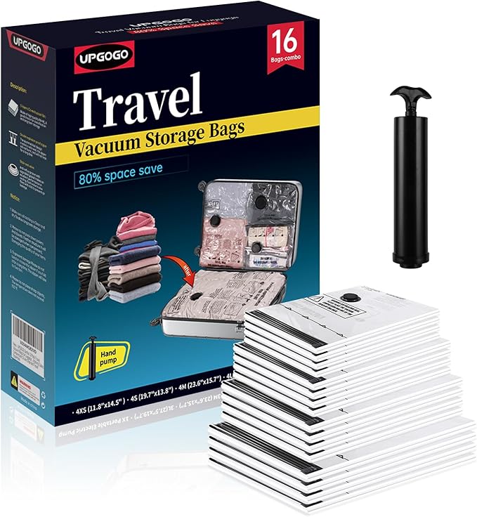 UPGOGO Travel Vacuum Bags for Luggage with Hand Pump,Vacuum Seal Bags for Clothing,Packing Cubes Compression,Cruise Ship and Travel Essentials(Combo 16 Pack)