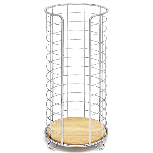 BROOKSTONE, Stylish Toilet Paper Holder with Bamboo Base, Freestanding Bathroom Tissue Organizer, Minimalistic Storage Solution, Modern Trending Design [Holds Large Rolls], Chrome…