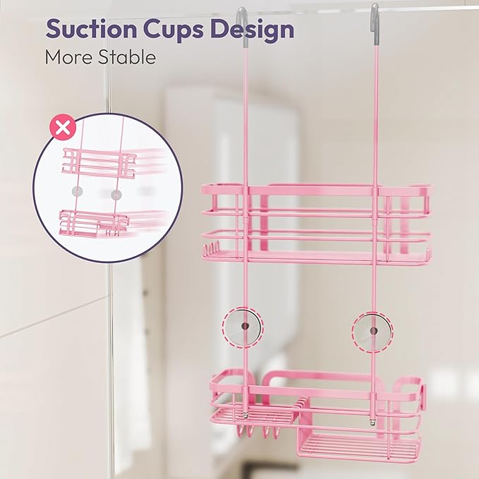 SWTYMIKI Shower Caddy Hanging Organizer - Over the Door Shower Caddy with Soap Holder, 11 Hooks, 2 Installation Ways, Stainless Steel Rustproof Bathroom Organizer, Pink