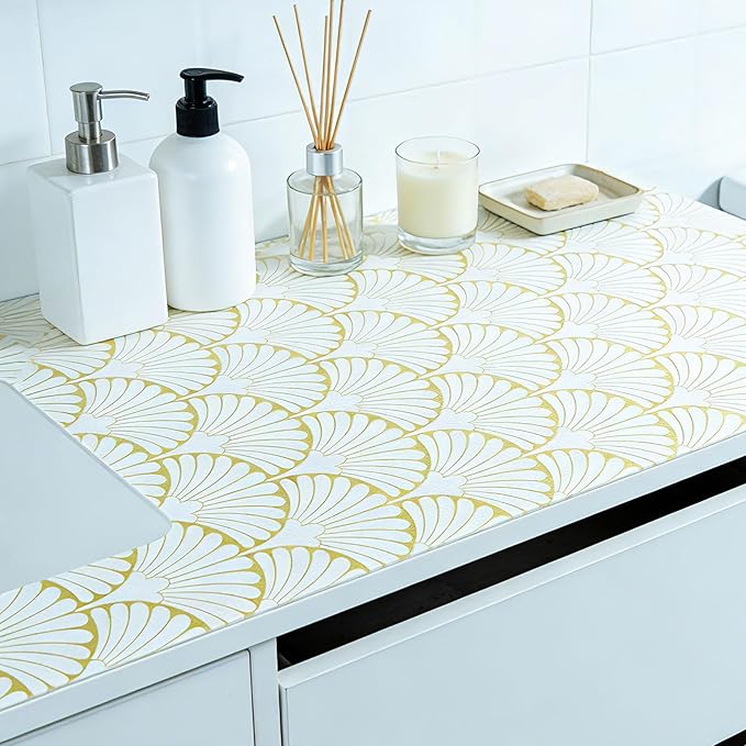 Shelf Liners Non Adhesive Gold Background White Fan-Shaped Pattern - Thickened Non-Slip Easy to Clean Drawer Liner for Kitchen Cabinets, Tool Box,Refrigerator,with Knife & Tape Measure,12in x 20FT.
