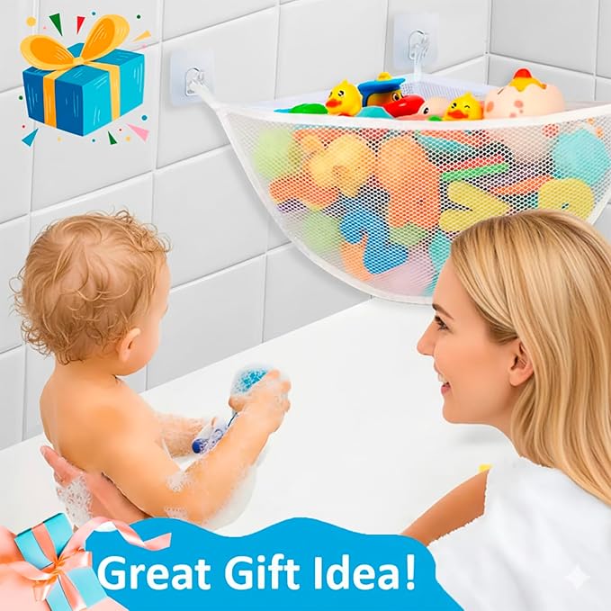 Bath Toy Holder Corner, Kids Bath Toy Net for Tub, Bathtub Holder Basket, Storage Bin Hammock Organizer, Shower Caddy Hanging Mesh Bag, Baby Bathroom Storage with 3 Suction Cups 3 Adhesive Wall Hooks