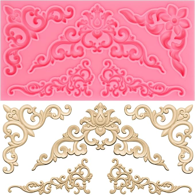 Baroque Decorative Silicone Fondant Mold, Vintage Floral Scroll Pattern, Pink