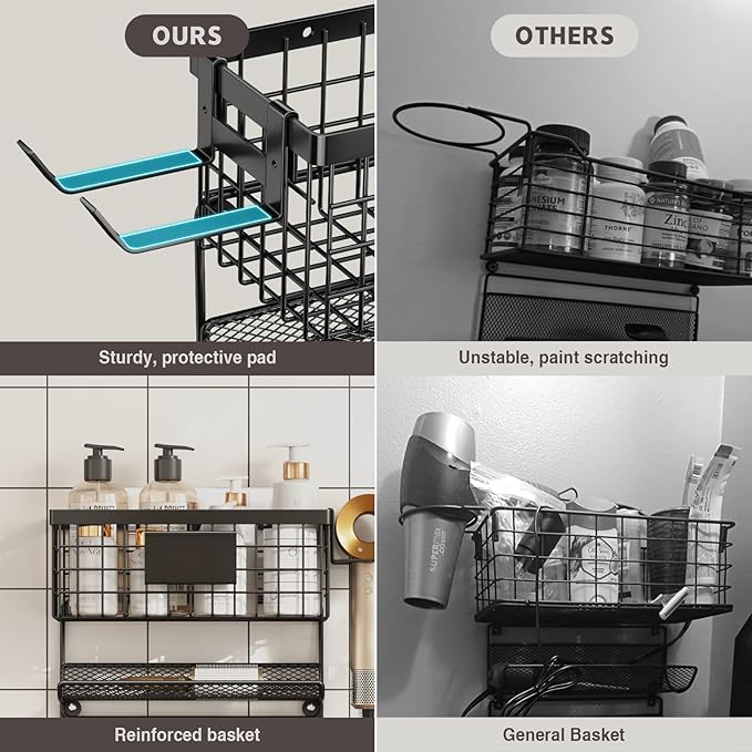 Hair Dryer Holder Wall Mounted, Adheisve Hair Styling Tool Organizer for hair Brush/Appliance Wall Mount with 4 Tier Shelf Basket Hooks Blow Dryer and Straightener Holder for Bathroom(Black)